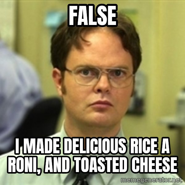 Dwight Schrute meme: false / I made delicious rice a roni, and toasted cheese