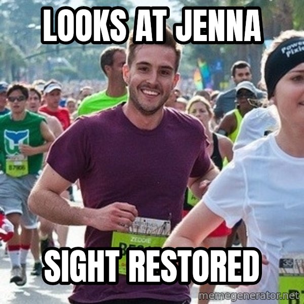Ridiculously photogenic guy (Zeddie) meme: LOOKS AT JENNA / SIGHT RESTORED