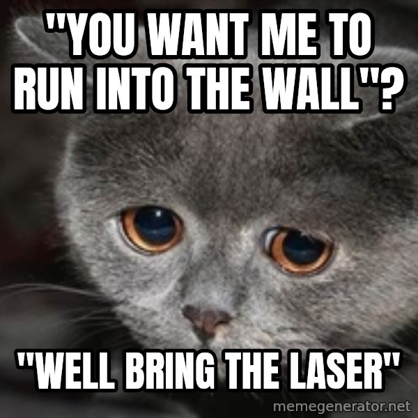 Sadcat meme: "you want me to run into the wall"? / "Well bring the laser"