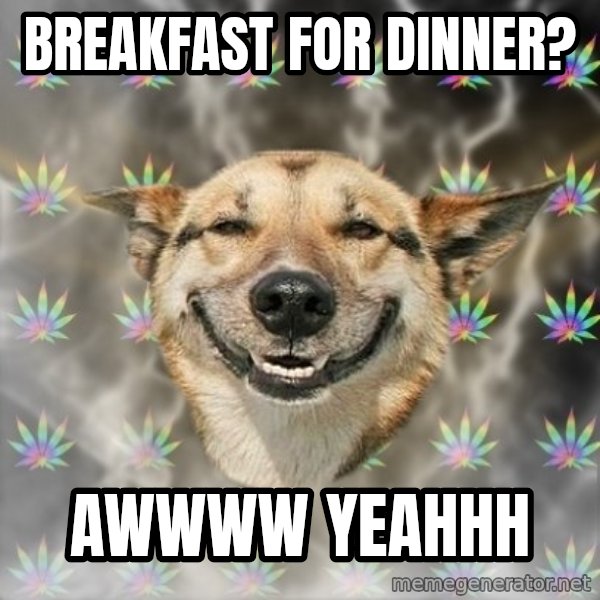 Stoner Dog meme: Breakfast for dinner? / awwww yeahhh