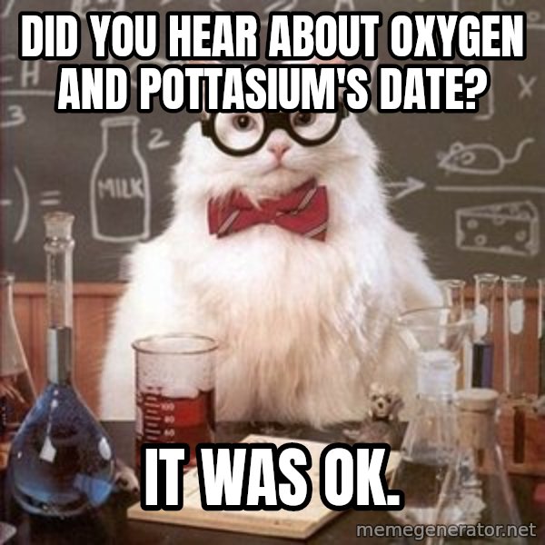 Chemistry Cat meme: Did you hear about oxygen and Pottasium's date? / It was OK.