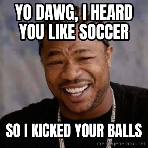 Yo Dawg meme: yo dawg, i heard you like soccer / so i kicked your balls