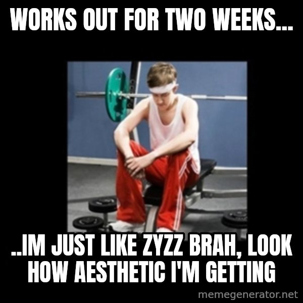 Annoying Gym Newbie meme: works out for two weeks... / ..im just like zyzz brah, look how aesthetic i'm getting