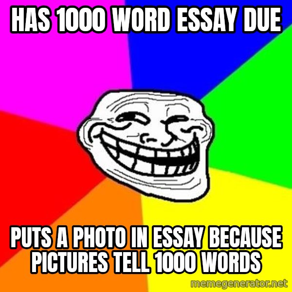 Trollface meme: has 1000 word essay due / puts a photo in essay because pictures tell 1000 words