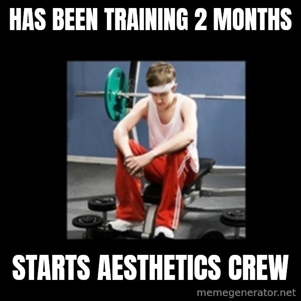 Annoying Gym Newbie meme: has been training 2 months / starts aesthetics crew