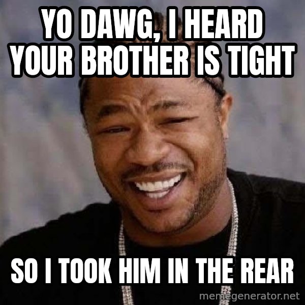 Yo Dawg meme: yo dawg, i heard your brother is tight / so i took him in the rear