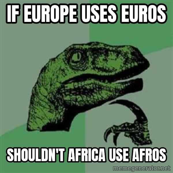 Philosoraptor meme: If europe uses euros / SHOULDN'T africa use afros