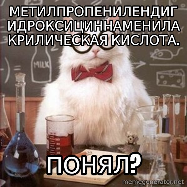 Chemistry Cat meme: Метилпропенилендигидроксициннаменилакрилическая кислота. / понял?