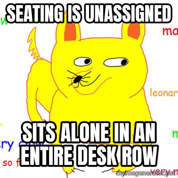 Forever Alone meme: seating is unassigned / sits alone in an entire desk row
