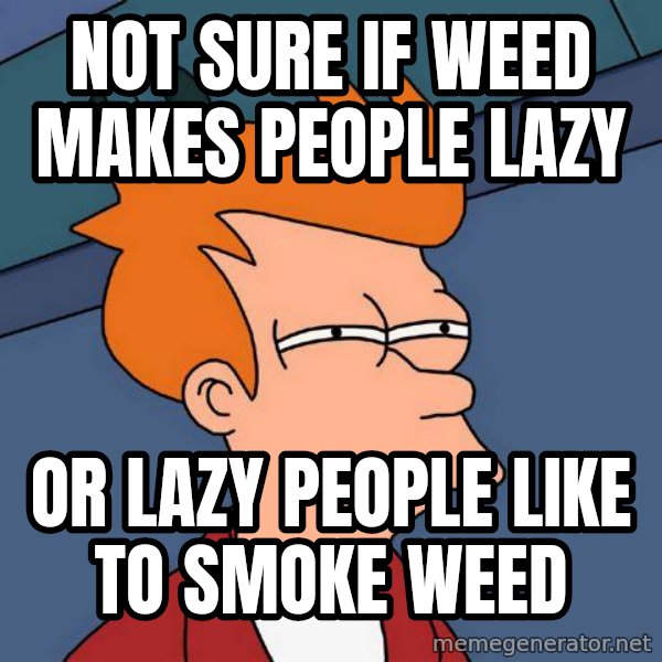 Futurama Fry meme: Not sure if weed makes people lazy / or lazy people like to smoke weed