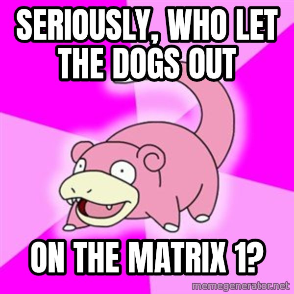 Slowpoke meme: seriously, who let the dogs out / on the matrix 1?