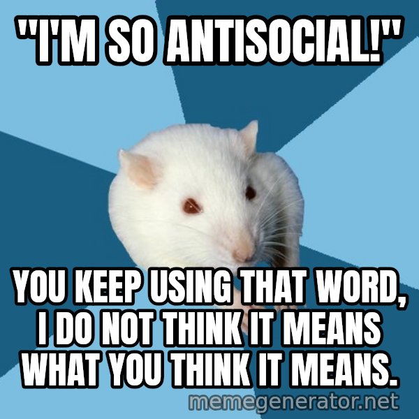 Psychology Major Rat meme: "i'm so antisocial!" / you keep using that word, i do not think it means what you think it means.