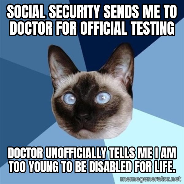 Chronic Illness Cat meme: SOCIAL SECURITY SENDS ME TO DOCTOR FOR OFFICIAL TESTING / DOCTOR UNOFFICIALLY TELLS ME i AM TOO YOUNG TO BE DISABLED FOR LIFE.
