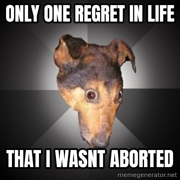Depression Dog meme: ONLY ONE REGRET IN LIFE / THAT I WASNT ABORTED