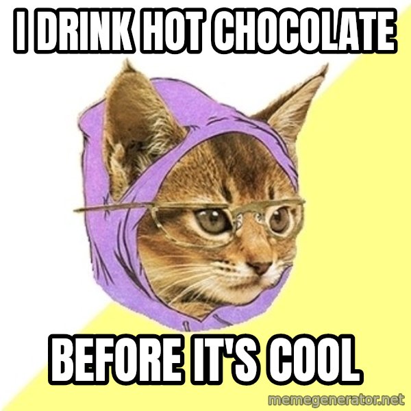 Hipster Kitty meme: I drink hot chocolate / before it's cool