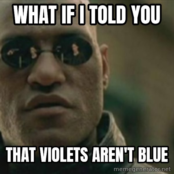 Scumbag Morpheus meme: What if i told you / that violets aren't blue