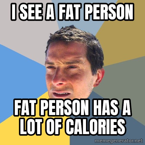Bear Grylls meme: I see a fat person / fat person has a lot of calories