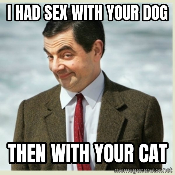 MR bean meme: I had sex witH your DoG / THen with your caT