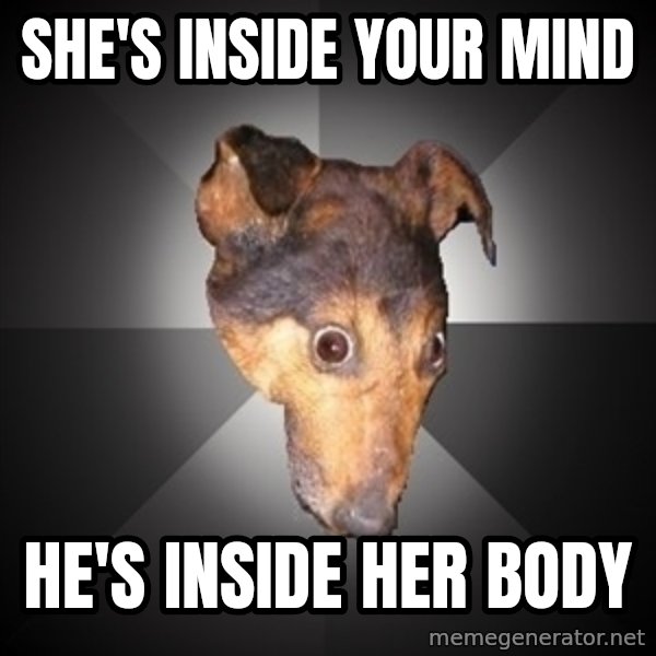 Depression Dog meme: She's inside your mind / He's INside her body