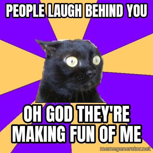 Anxiety Cat meme: people laugh behind you / oh god they're making fun of me