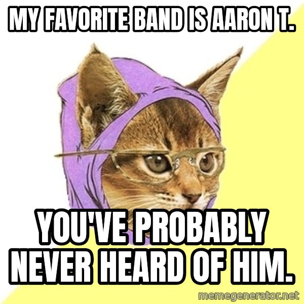 Hipster Kitty meme: My favorite band is aaron T. / You've probably never heard of him.