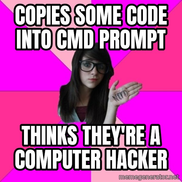 Idiot Nerd Girl meme: Copies some code into cmd prompt / thinks they're a computer hacker