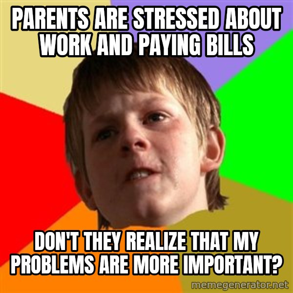 Angry School Boy meme: parents are stressed about work and paying bills / don't they realize that my problems are more important?