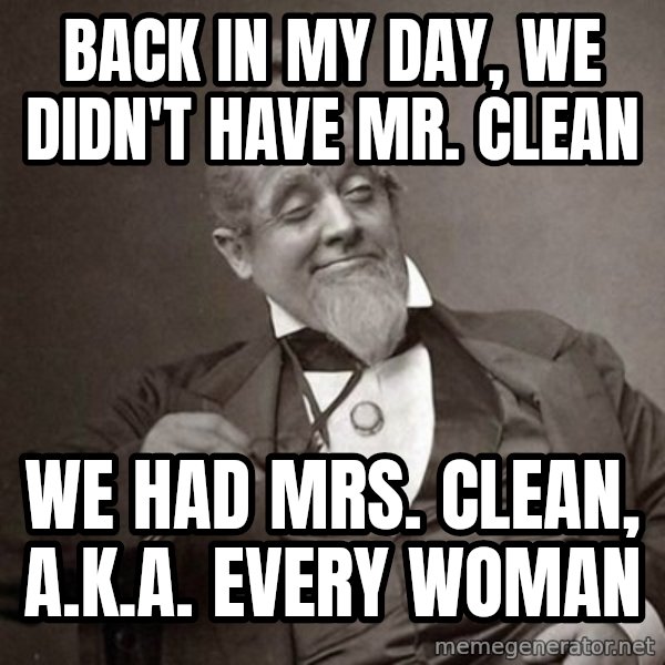 1889 [10] guy meme: back in my day, we didn't have mr. clean / we had mrs. clean, a.k.a. every woman