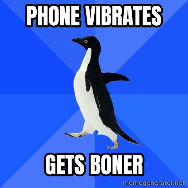 Socially Awkward Penguin meme: Phone vibrates / gets boner