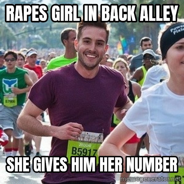 Ridiculously photogenic guy (Zeddie) meme: Rapes girl in back alley / She gives him her number
