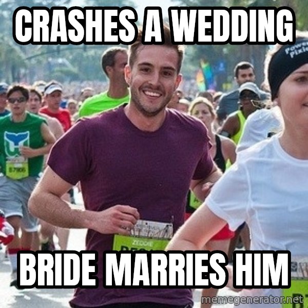 Ridiculously photogenic guy (Zeddie) meme: crashes a wedding / bride marries him