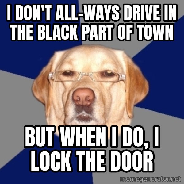 Racist Dog meme: I Don't all-ways drive in the black PART OF town / but when i do, i lock the door