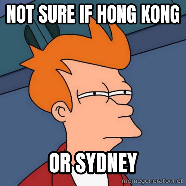 Futurama Fry meme: not sure if hong kong / or sydney