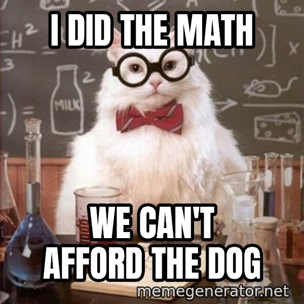 Chemistry Cat meme: I did the math / We can't afford the dog
