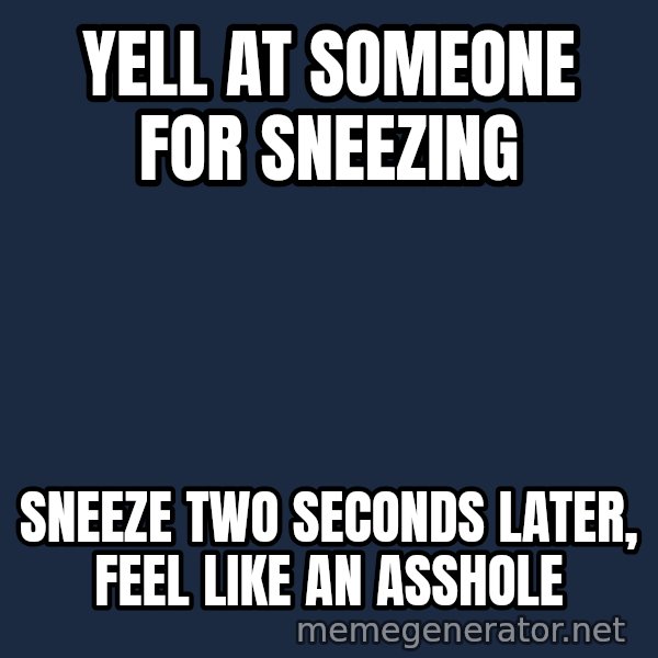 Misophonia Meerkat meme: yell at someone for sneezing / sneeze two seconds later, feel like an asshole