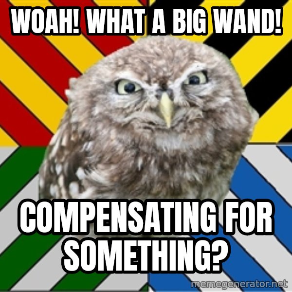 JEALOUS POTTEROMAN meme: Woah! what a big wand! / compensating for something?