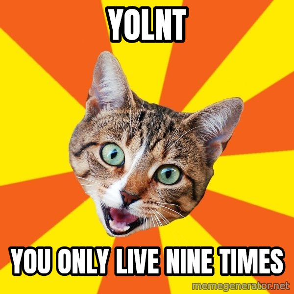 Bad Advice Cat meme: yolnt / you only live nine times