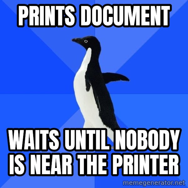 Socially Awkward Penguin meme: PRINTS DOCUMENT / WAITS UNTIL NOBODY IS NEAR THE PRINTER