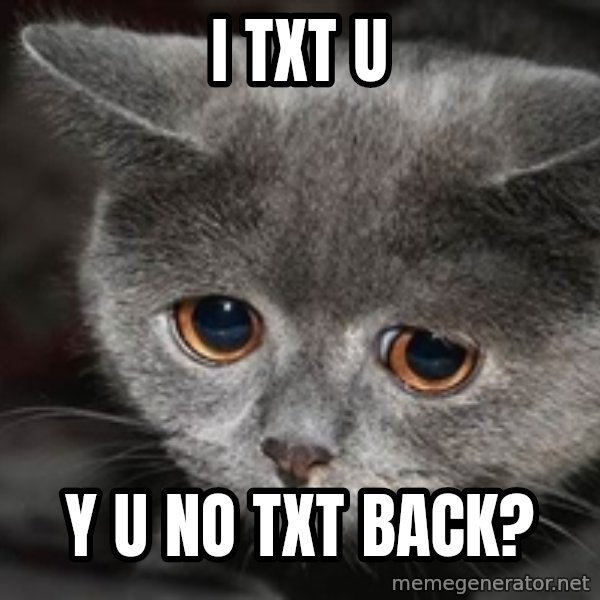 Sadcat meme: I txt u / y u no txt back?