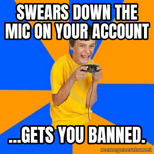 Annoying Gamer Kid meme: swears down the mic on your account / ...gets you banned.