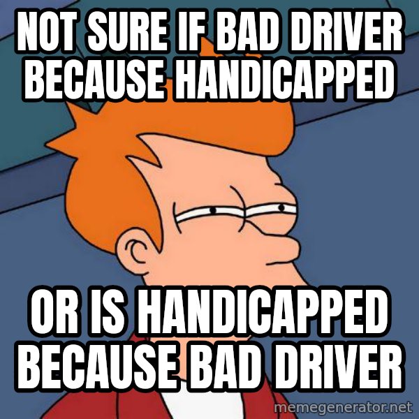 Futurama Fry meme: not sure if bad driver because handicapped / or is handicapped because bad driver
