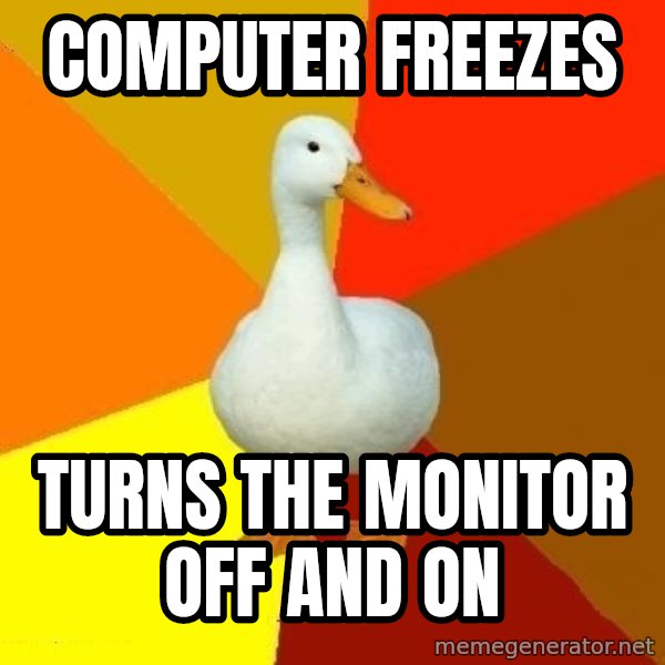 Technologically Impaired Duck meme: computer freezes / turns the monitor off and on