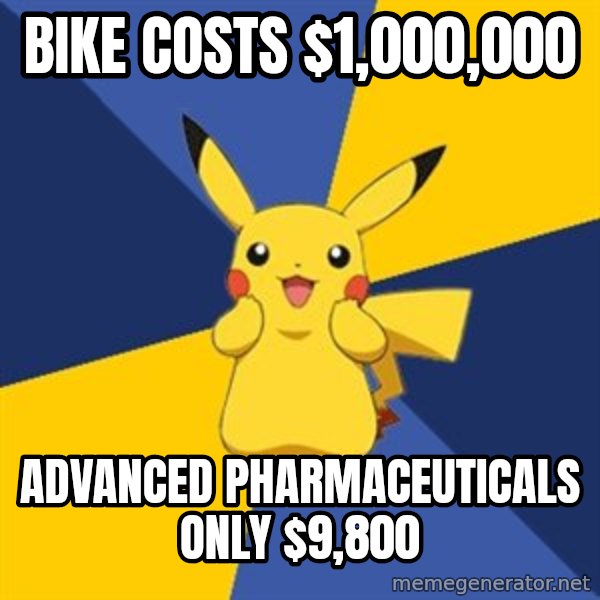 Pokemon Logic  meme: bike costs $1,000,000 / advanced pharmaceuticals only $9,800
