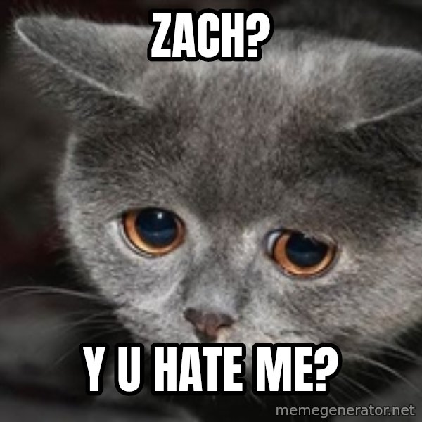 Sadcat meme: Zach? / y u hate me?