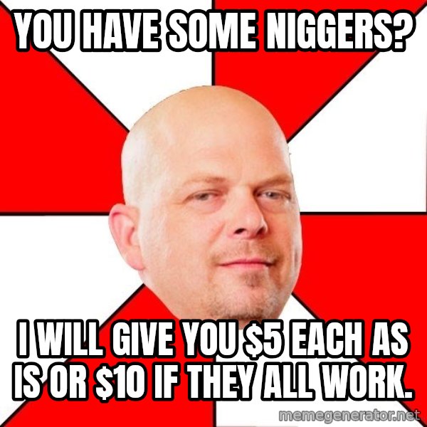Pawn Stars meme: you have some niggers? / i will give you $5 each as is or $10 if they all work.