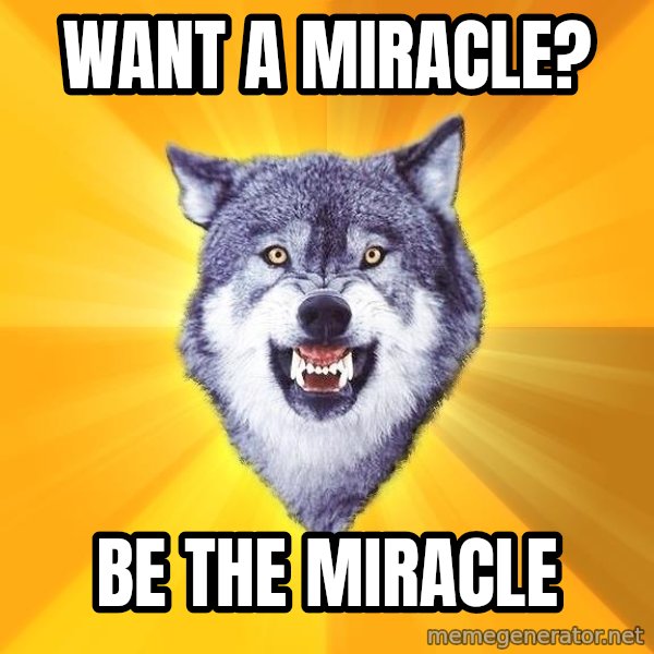 Courage Wolf meme: Want a miracle? / be the miracle