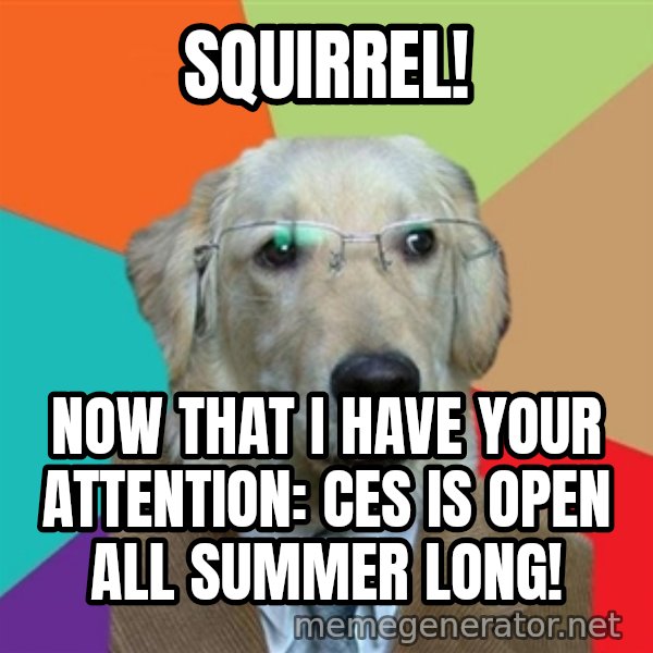 Business Dog meme: squirrel! / now that i have your attention: CES is open all summer long!