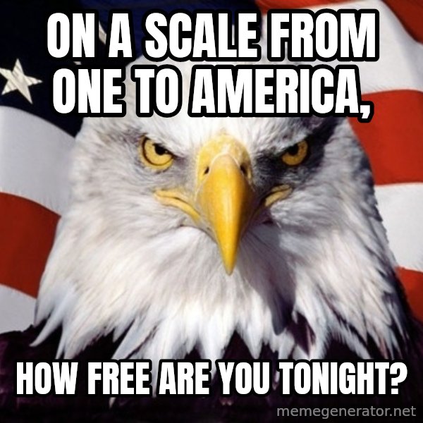 American Pride Eagle meme: on a scale from one to america, / how free are you tonight?