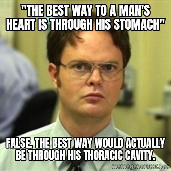 Dwight Schrute meme: "The best way to a man's heart is through his stomach" / false. The best way would actually be through his Thoracic cavity.