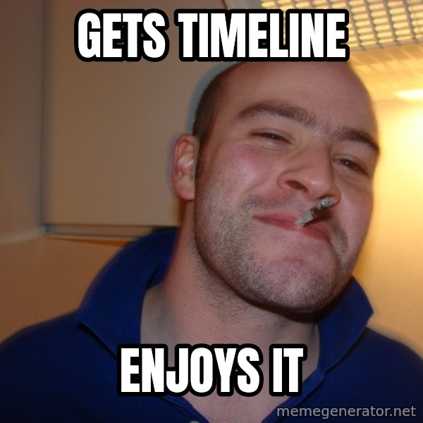 Good Guy Greg meme: Gets timeline / enjoys it